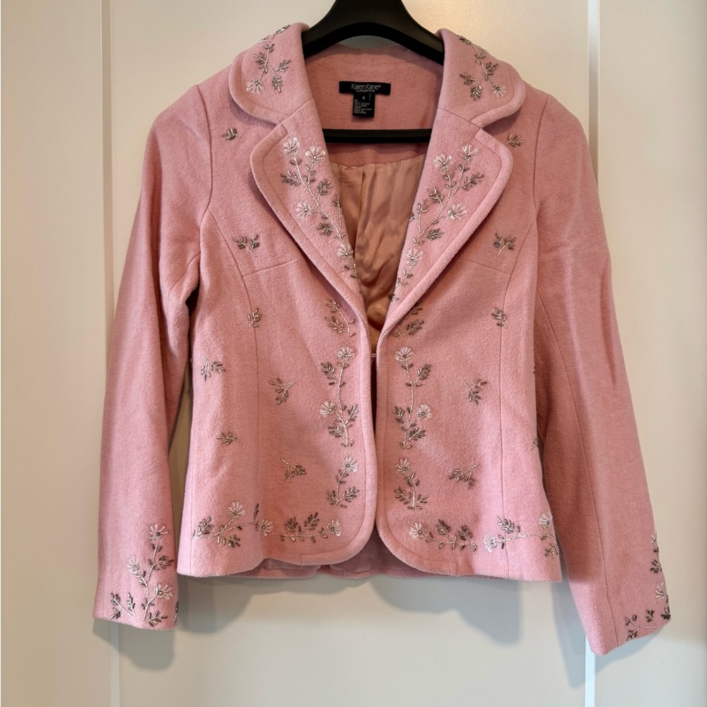 Pink Bead Embroidered Wool-Blend Blazer